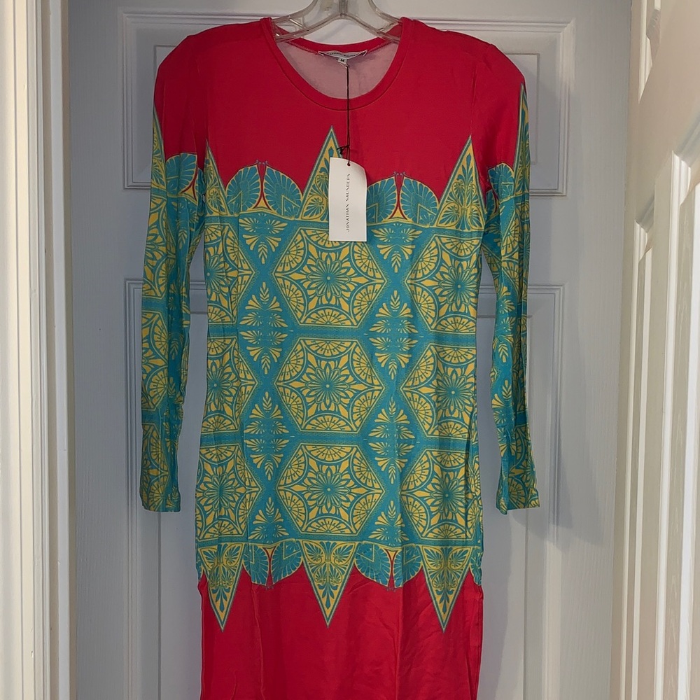 Jonathan Saunders Genevieve Jersey Bodycon Geometric Long Sleeve Dress